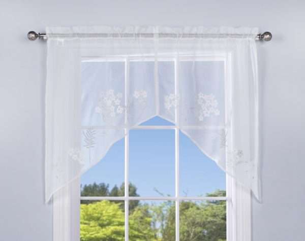 Tailored Swag Pair - Hydrangea Bouquet Faux Linen Semi Sheer - WHITE