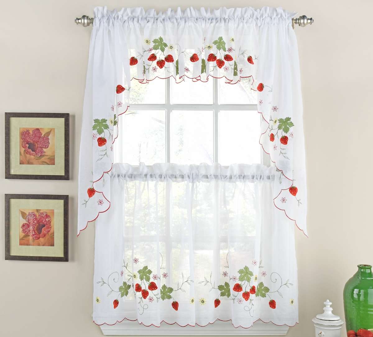 Strawberries Kitchen Curtain Ensemble - Tier Curtain Pair 58W x 24L